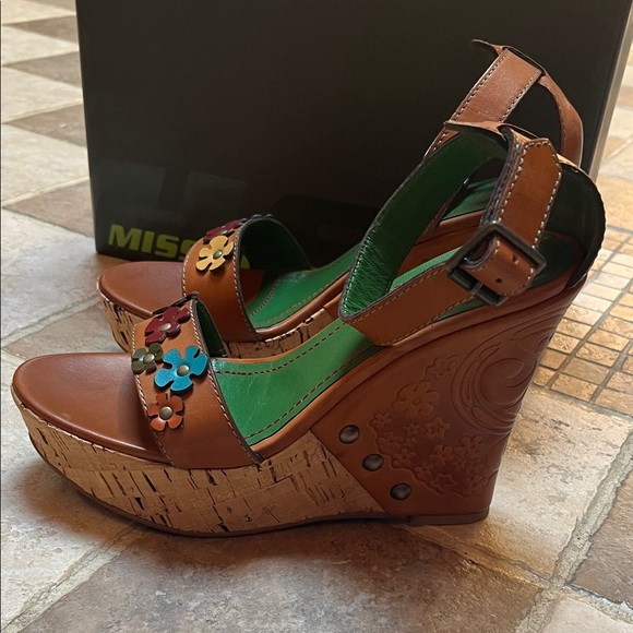Miss Sixty Shoes - Vintage Miss Sixty Brown Leather Floral Cork Wedge Sandals Sz 37 🆕